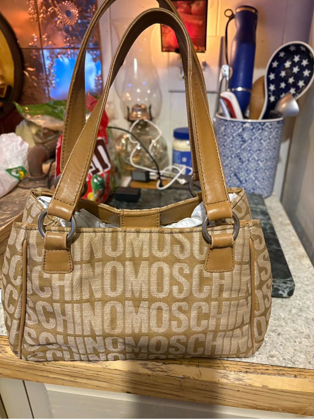 Moschino Tan Logo Jacquard Shoulder Bag